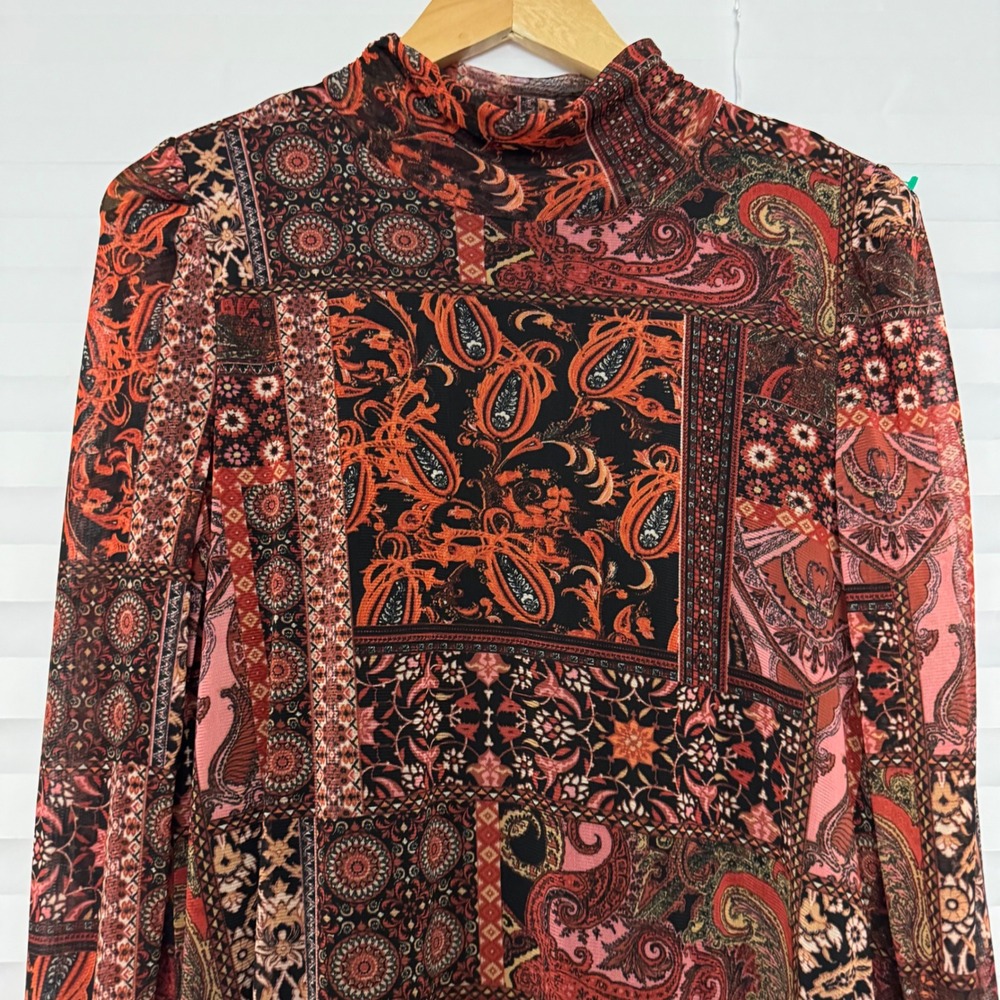 Jane + Delancey Red Patchwork Paisley Mock Neck Mesh Lined Boho Top Large